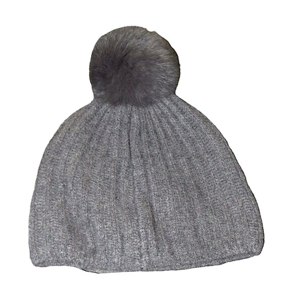 Restoration Hardware Gray Fur Trimmed Cashmere Cozy Pom Pom Beanie Hat NEW - Picture 1 of 9